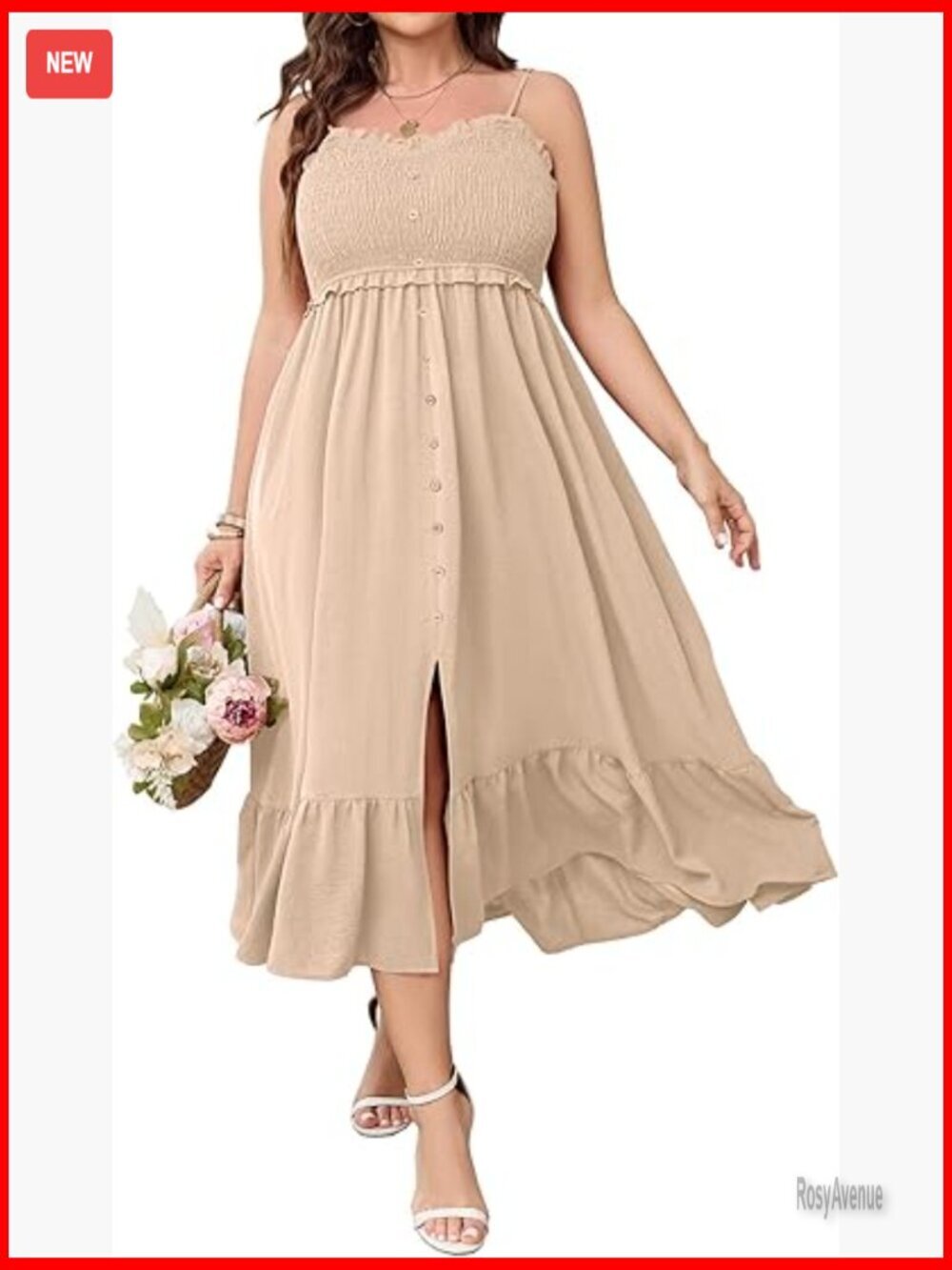 Plus Size Maxi Dress Spaghetti Strap Smocked Top Button Front Slit